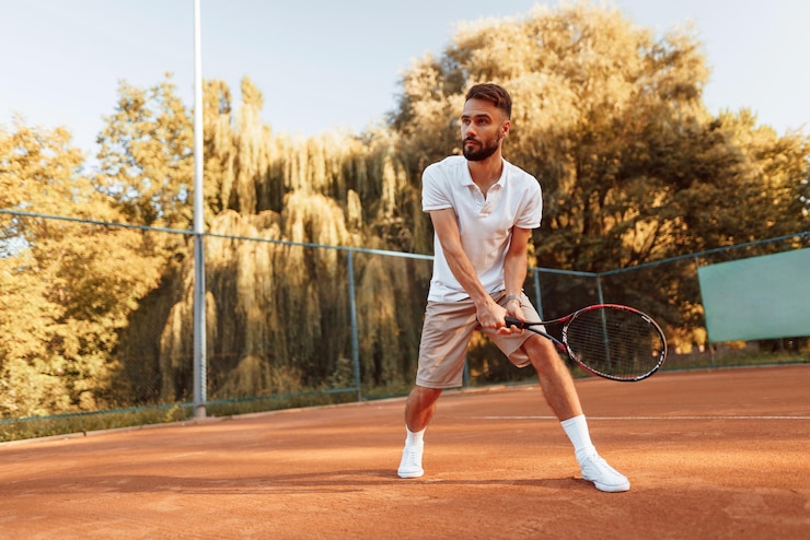 Photo active training young man is on the tennis court at sunny daytime