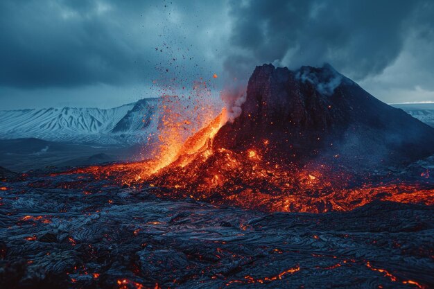 活発な火山が劇的に噴火し 溶けた溶岩と灰を吐き出し 夕暮れの空の下で 周囲の山々に炎の光を放つ