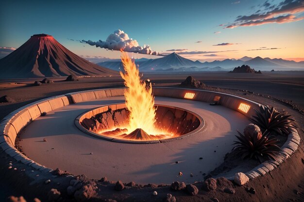 Foto eruzione di un vulcano attivo che sputa lava forma di terreno vulcanico caratteristica sfondo di carta da parati