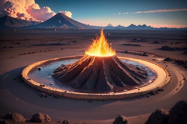 Foto eruzione di un vulcano attivo che sputa lava forma di terreno vulcanico caratteristica sfondo di carta da parati