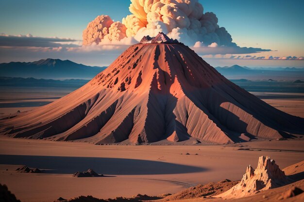 Foto eruzione di un vulcano attivo che sputa lava forma di terreno vulcanico caratteristica sfondo di carta da parati