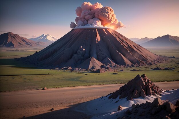 Foto eruzione di un vulcano attivo che sputa lava forma di terreno vulcanico caratteristica sfondo di carta da parati