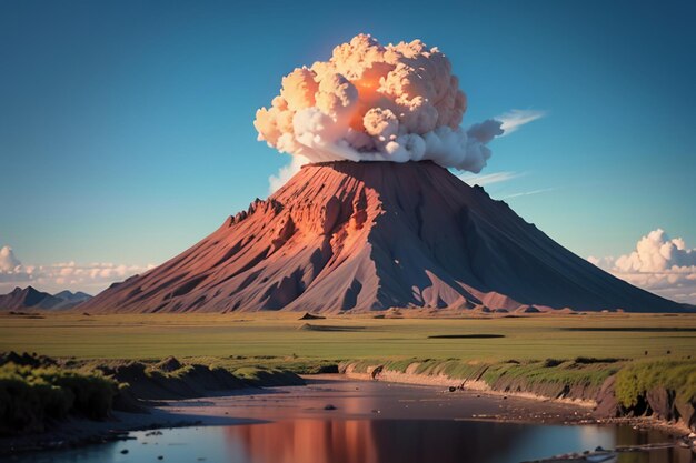 Foto eruzione di un vulcano attivo che sputa lava forma di terreno vulcanico caratteristica sfondo di carta da parati