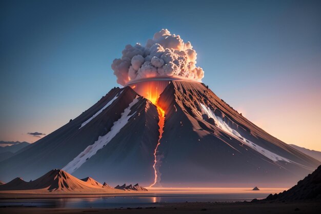 Foto eruzione di un vulcano attivo che sputa lava forma di terreno vulcanico caratteristica sfondo di carta da parati