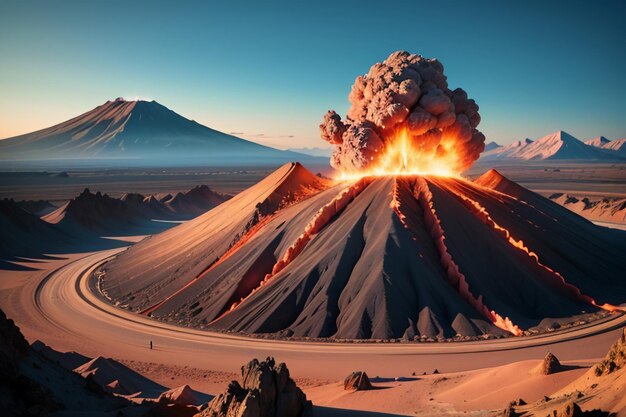 Foto eruzione di un vulcano attivo che sputa lava forma di terreno vulcanico caratteristica sfondo di carta da parati