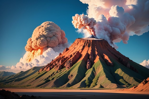 Foto eruzione di un vulcano attivo che sputa lava forma di terreno vulcanico caratteristica sfondo di carta da parati