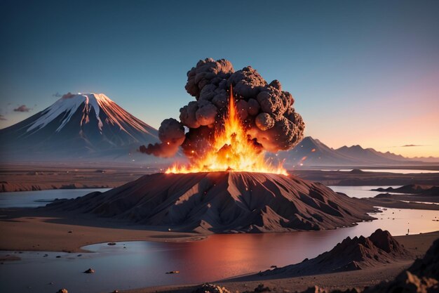 Фото Активный вулкан извергается, извергая лаву.