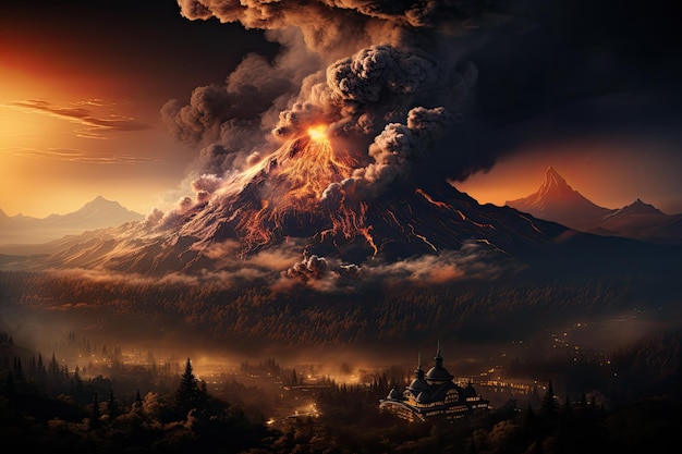 Действующий вулкан, выбрасывающий в небо дым и пепел, генеративный ИА