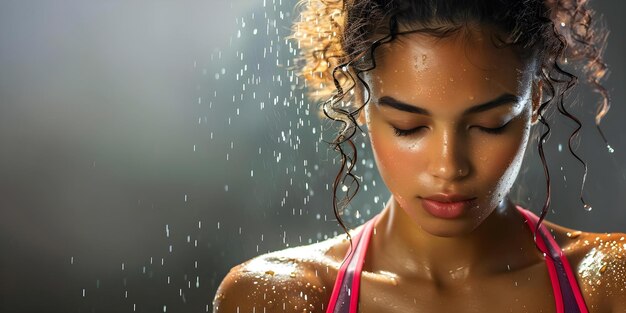 Photo active woman in athletic attire sweating after workout resting against gray background concept fitness routine athleisure wear postworkout break exercise recovery sweating it out