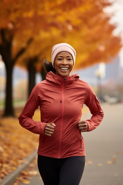 秋の季節に葉の多い道でジョギングをしている活発な女性