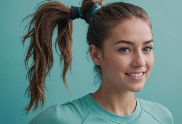 Photo an active woman with a ponytail in fitness gear showcasing a healthy lifestyle with a teal backdrop