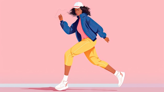 Active woman in yellow jacket and white sneakers running throughminimal designscolorful background