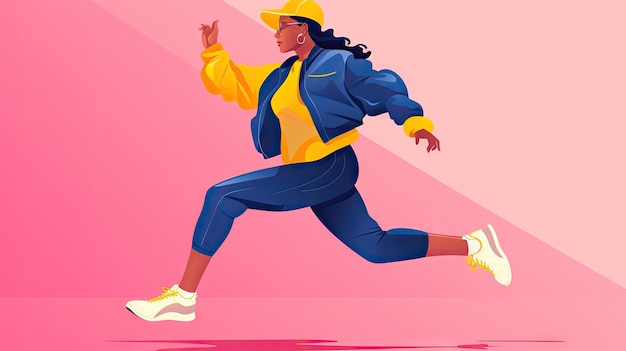 Active woman in yellow jacket and white sneakers running throughminimal designscolorful background