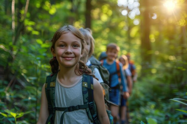 森の夏のキャンプでハイキングをしている活発な若い子供とティーンエイジャー