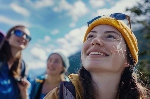 Active young people teenagers hiking in the mountains