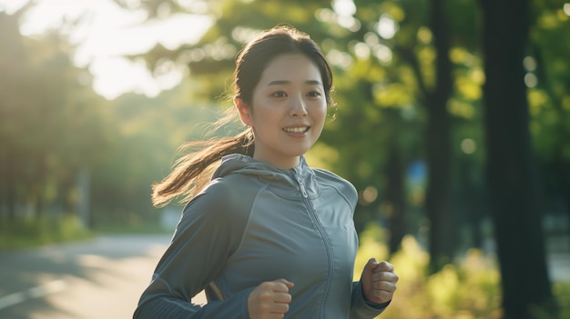 公園 で 晴れた 場所 で ランニング を 楽しん で いる 活発 な 若い 女性