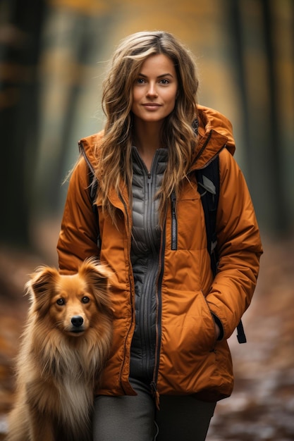 Active young woman with dog on a walk in a beautiful autumn forest