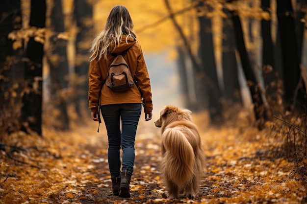 Active young woman with dog on a walk in a beautiful autumn forest