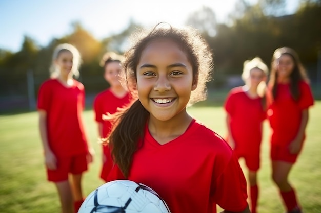 Photo active youth red kit soccer team at play