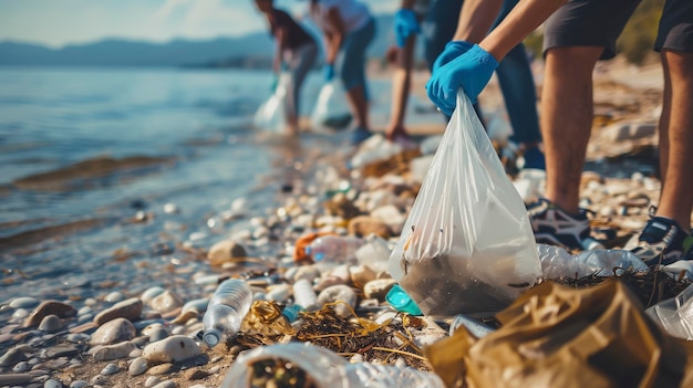 활동가 들 은 해변 에서 플라스틱 쓰레기 를 모으고 남자 들 과 여자 들 은 가방 으로 해변 을 청소 한다