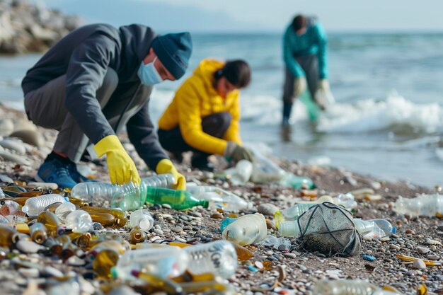 Foto gli attivisti raccolgono i rifiuti di plastica sulla spiaggia uomini e donne puliscono la spiaggia con sacchetti