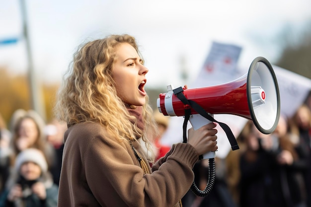 Активист протестует с мегафоном во время демонстрации