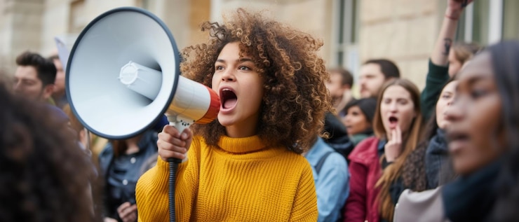Photo activist with megaphone at a protest rally