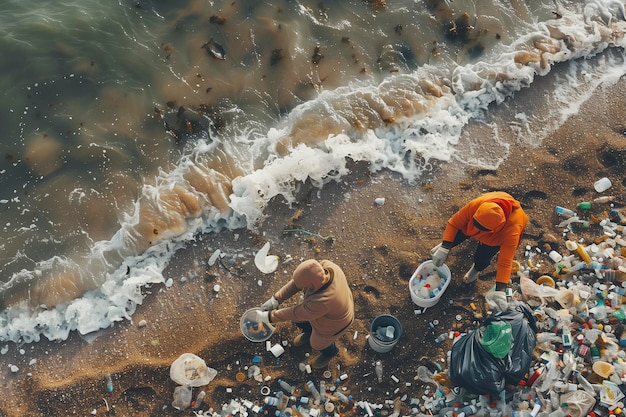 Foto activisten verzamelen plastic vuilnis op het strand. mannen en vrouwen reinigen het strand met zakken.