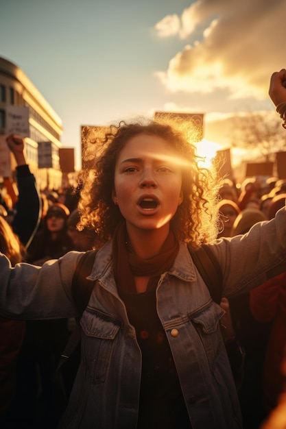 Photo activists rally with a woman in the spotlight