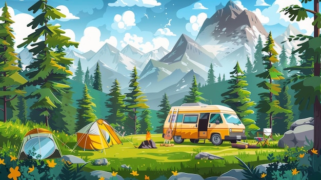 Photo an activity poster with a van a chair and a guitar showing a forest camp experience modern banner with a cartoon landscape with trees a campsite on green grass and mountains in the background