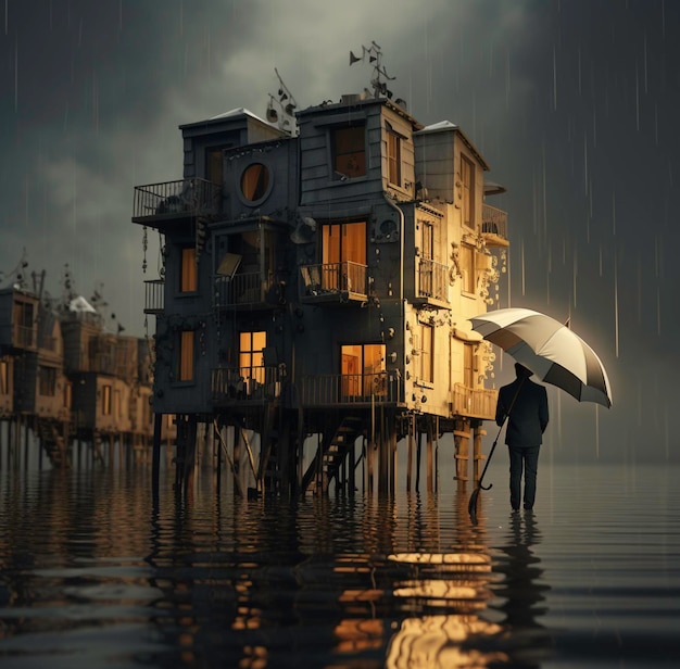 Актер держит зонтик над зданием в затопленном районе