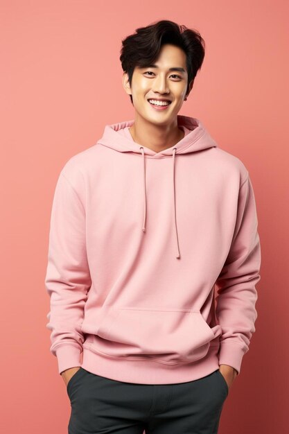 actor in a pink hoodie with a smile
