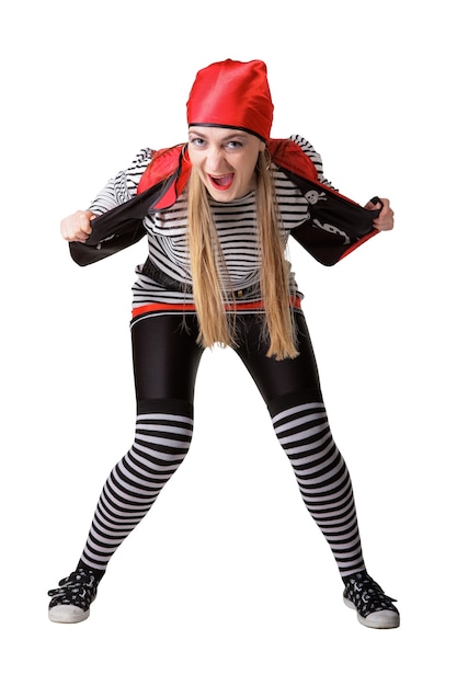 Photo actor in a pirate suit isolated on a white background.