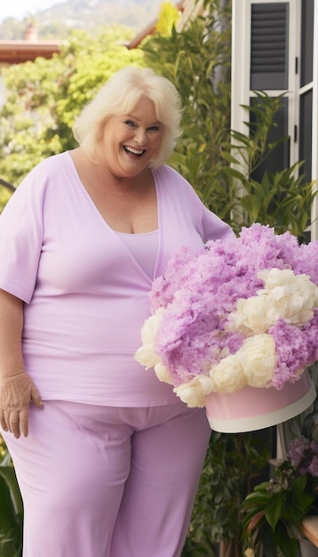 actor poses with a bunch of flowers