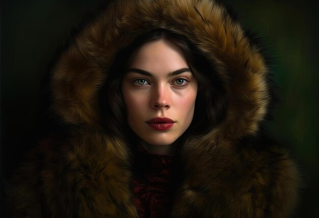 an actress wearing fur collar in the style of photorealism