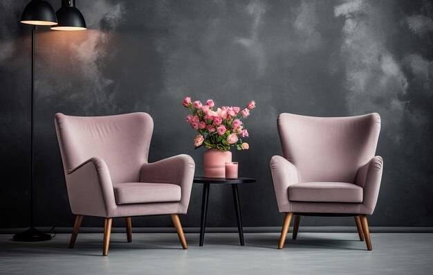 花で飾られたテーブルの近くにある、明るく風通しの良いリビング ルームにあるピンクの肘掛け椅子の実際の写真