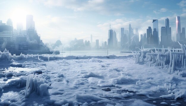 Acute cold world Frozen world in a small man under the tall buildings buildings are world landmarks