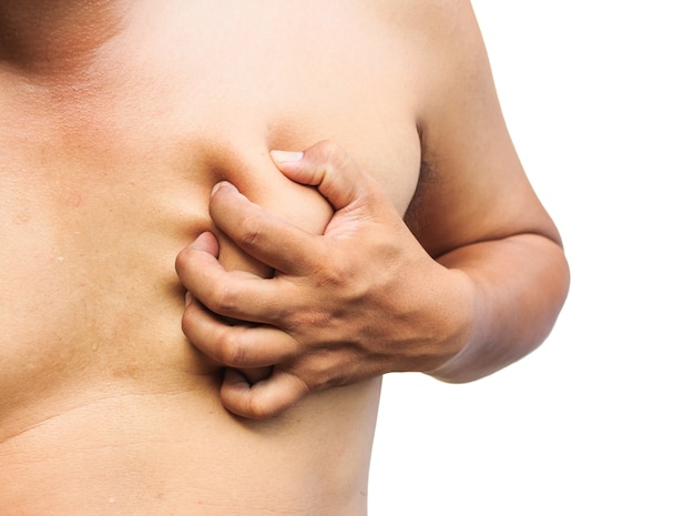 Acute pain in chest on white background.