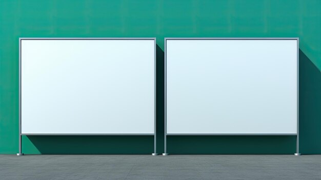 Ad concept two green billboards on blue green background for advertising with white screen isolated template concept Mockup image