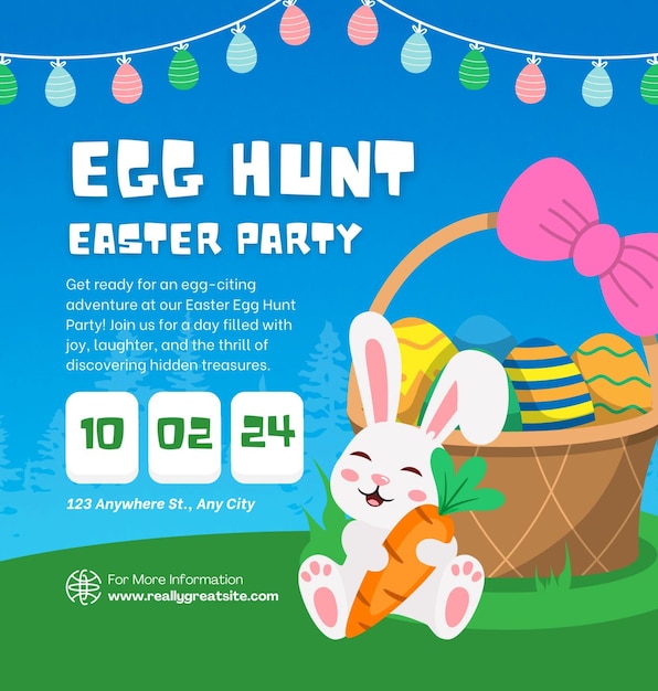 an ad for an easter party with a bunny rabbit in a basket
