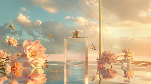 Ad for a freesia eau de toilette product Glass bottle in front of mirror with sky reflection on beige background Translucent flowers on a surreal water surface
