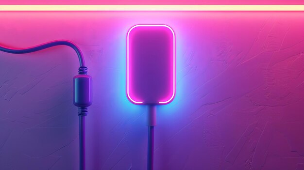 An ad template for 3D charging cable with type C adapter on curved neon light background The idea is to show fast charging speed through a realistic charging wire