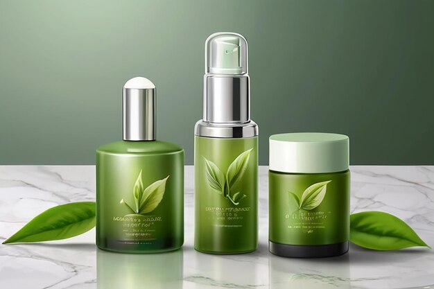 Ad template for face essence serum lotion and cream realistic products displayed on pedestals with green tea seedlings