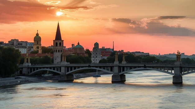 Мост Ада на реке Сава при заходе солнца в Белграде, Сербия