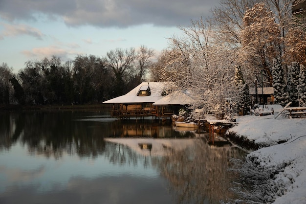 Photo ada safari natural lake on the peninsula ada ciganlija in winter belgrade serbia