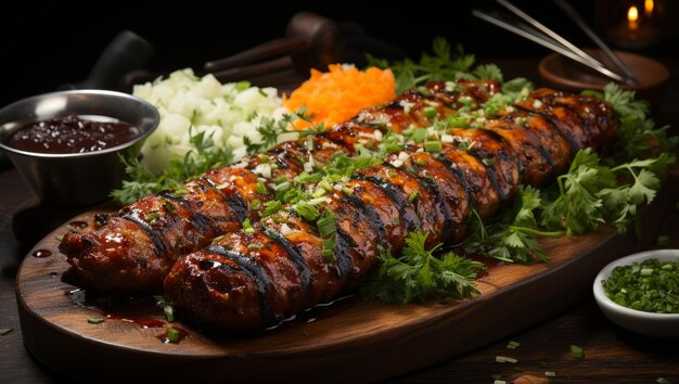 Adana Kebab served in a wooden cutting board