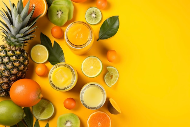 Add a pop of color to your summer marketing with this vibrant top view flat lay photo of citrus juice cocktails in glass jars ananas orange kiwi set against a trendy yellow background generate ai