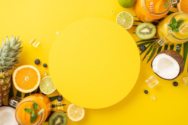 Foto aggiungi un po' di entusiasmo al tuo marketing con una foto alla moda di lime d'arancia fresca e limone e succo di pompelmo in barattoli di vetro disposti su uno sfondo giallo soleggiato con un cerchio vuoto per il tuo testo