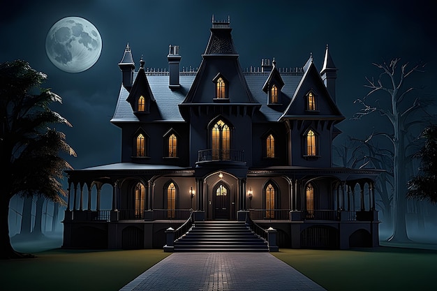 Addams family mansion achtergrond met spookhuis en volle maan 3d render