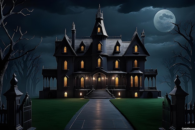 유령의 집과 보름달이 있는 아담스 가족 맨션 밤 배경